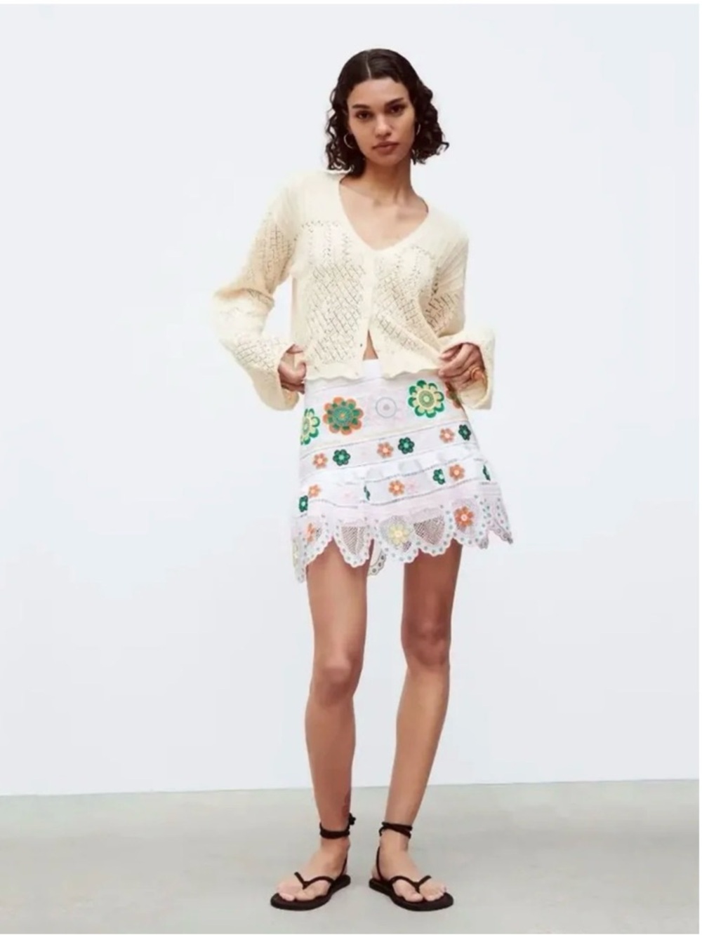 Zara White Embroidered Crochet Mini Skirt - Floral Detail